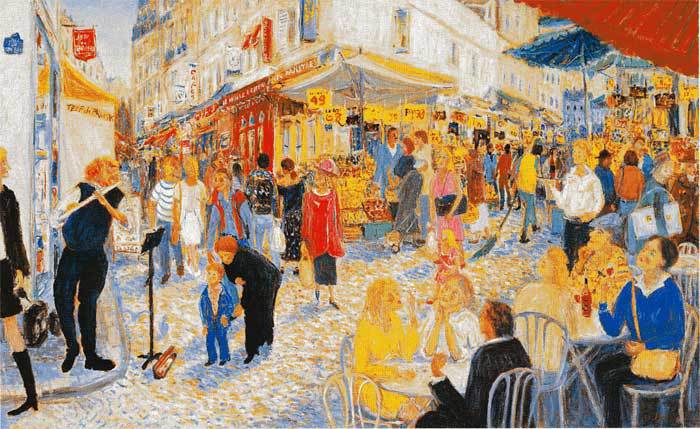 油彩画パリにて「ムフタールの街角」